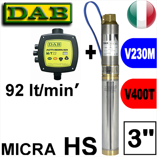 DAB - Submersibilă diametru 74mm MICRA.HS 304 completă cu inverter ACTIVE DRIVER