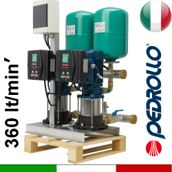 Gruppo aumento pressione idrica con 2 elettropompe Pedrollo ad asse verticale mk serie 8 gestite da inverter - alimentazione monofase 230Vac e motori trifase 400Vac collegati in trifase 230Vac