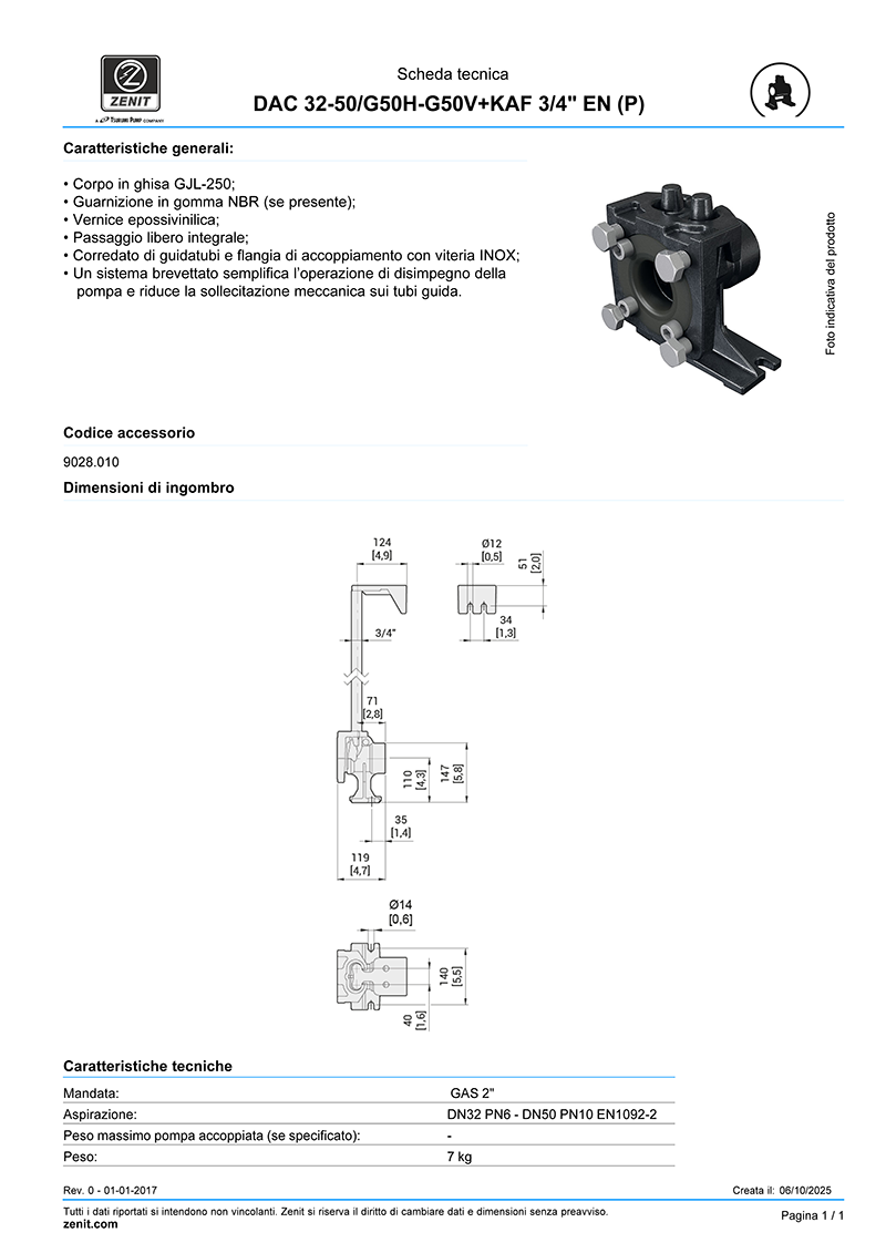 scheda tecnica slitta zenit dac-H V accoppiamento rapido pompe sommerse per fognatura