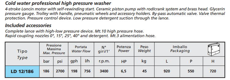 scheda tecnica idropulitrice professionale pompa alta pressione di tipo lineare con sistema biella a manovella