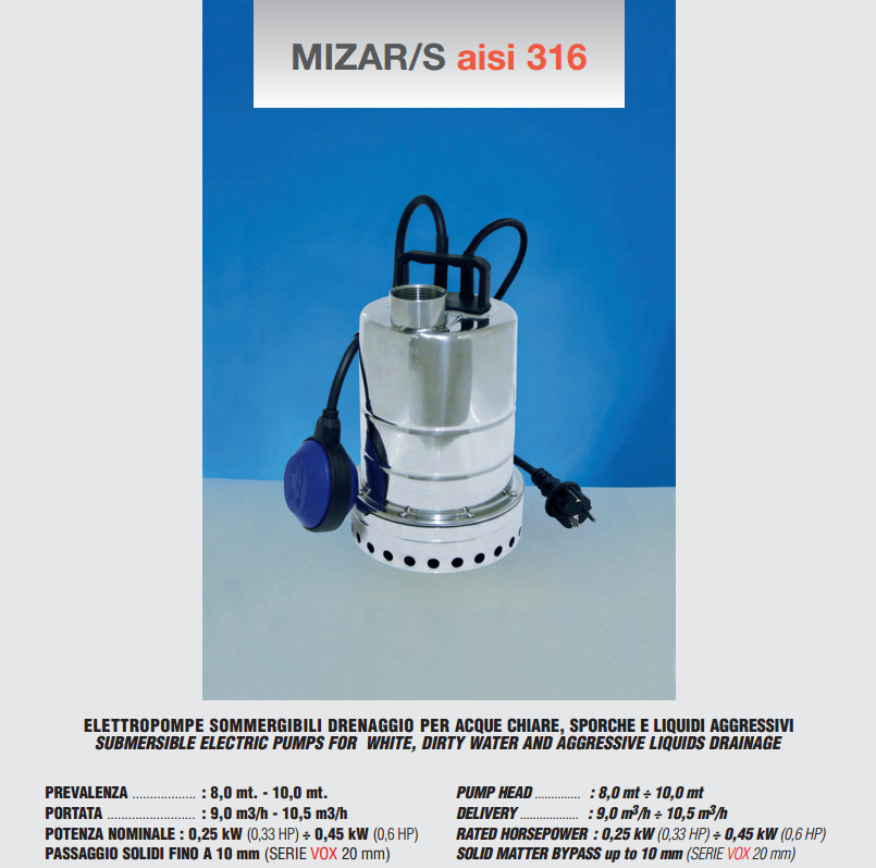 pompa sommersa in acciaio inox aisi 316 lavora con acqua di mare