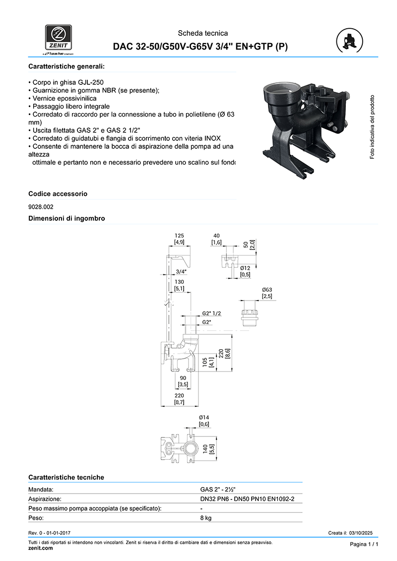 scheda tecnica slitta zenit dac-v accoppiamento rapido pompe